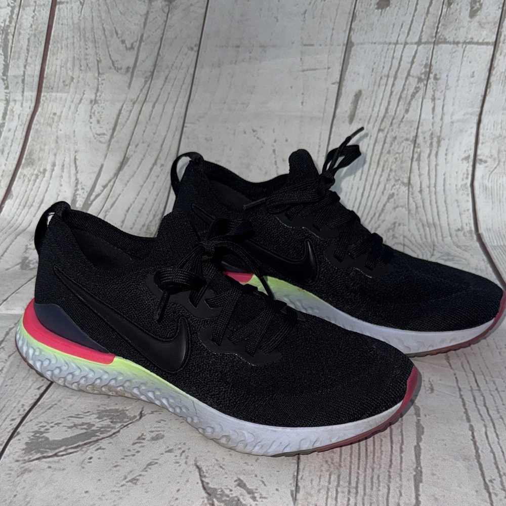 Nike Epic React Black Knit Running Shoes with Pink and Neon Yellow Accents